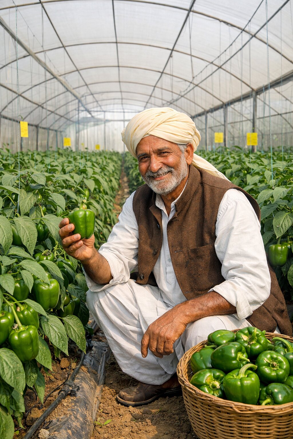 Grower checking KBS capsicum inside a polyhouse