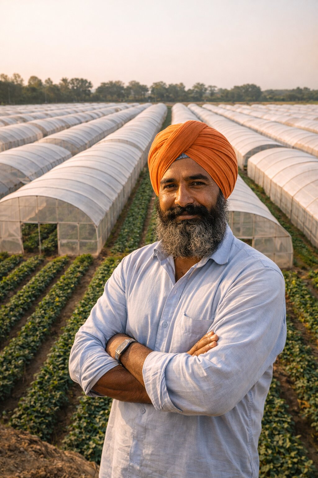 Grower beside polyhouse structures