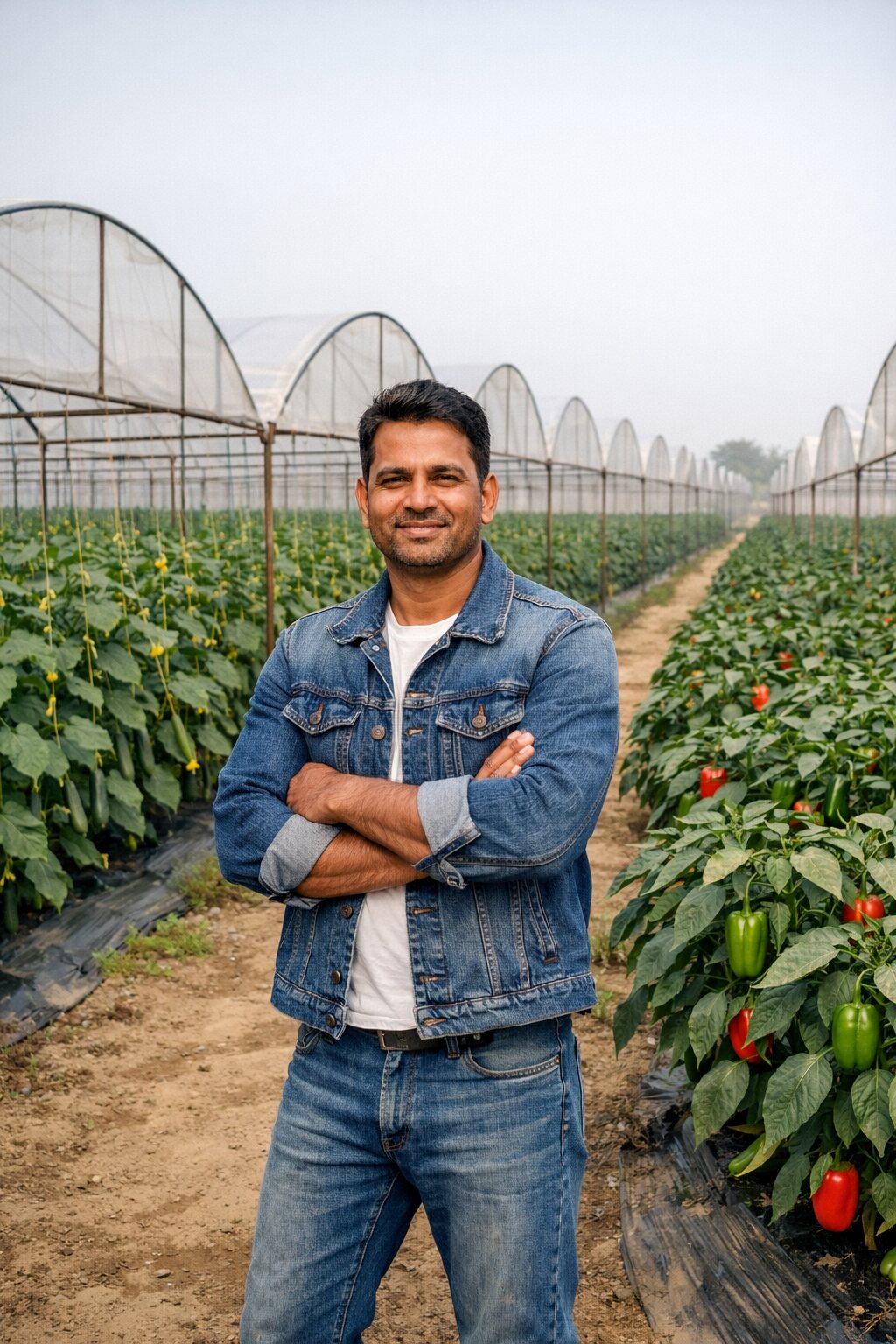 Young grower inside a polyhouse